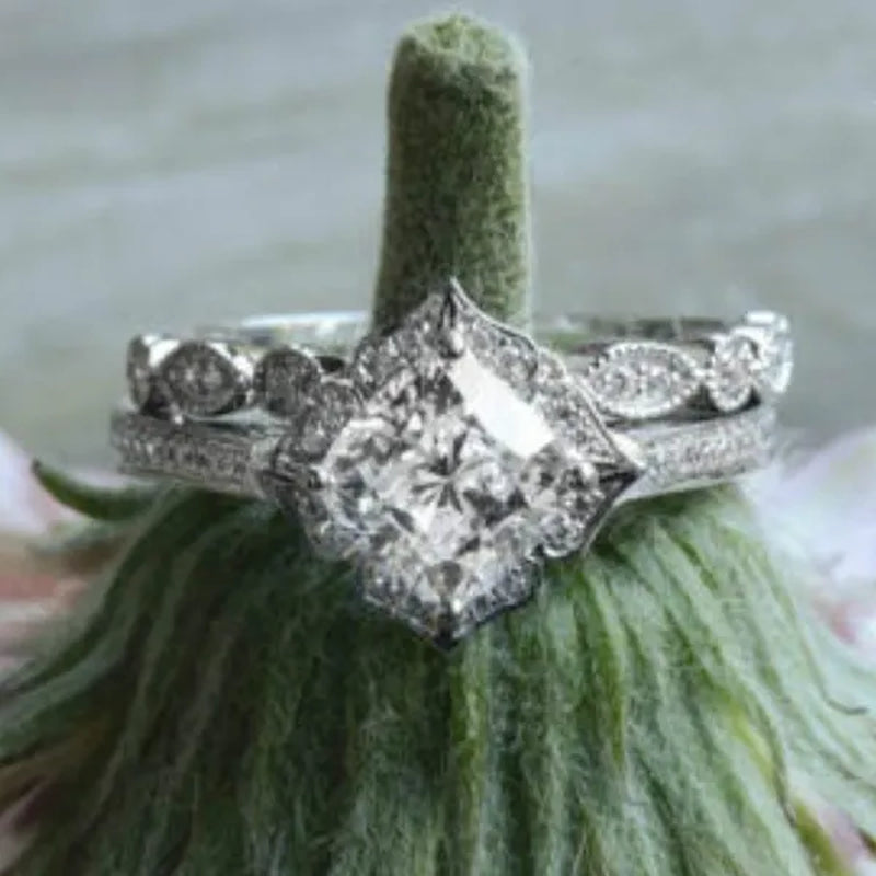 Exquisite Romantic 925 Standard Sterling Silver Fancy Engagement Princess Wedding Ring Love Diamond Set Size 6-10