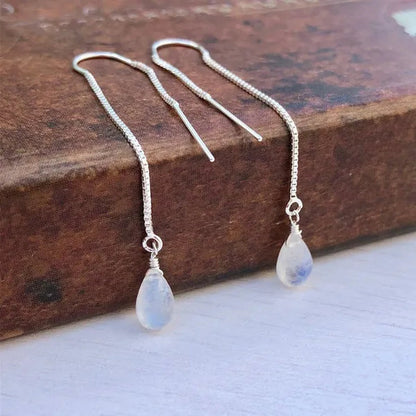 Moonstone Threader Earrings, Rainbow Moonstone Earrings, Minimalist Jewelry, Pull Through Chain Ear Threader, Summer Earrings, Gift for Her