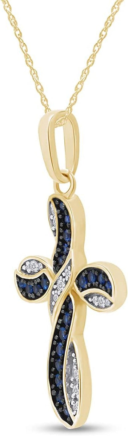 round Simulated Blue Sapphire & White Cubic Zirconia Cross Pendant Necklace in 14K Gold over Sterling Silver 18" Chain