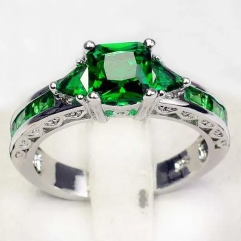 Women's Fashion 925 Silver Plated Green Gemstone CZ Ring Topaz Ring Bride Engagement Wedding Ring Jewelry Size 5 -10 (Choice Color)