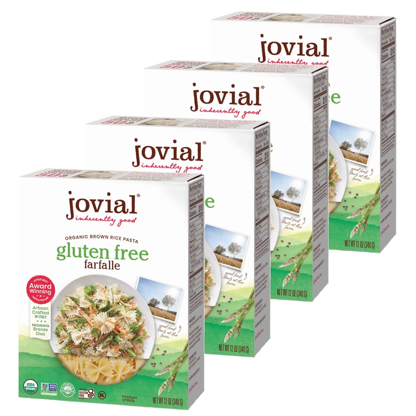 Whole Grain Brown Rice Farfalle Pasta - Whole Grain Pasta, Organic, Gluten Free, Dairy Free, Brown Rice Pasta, Made in Italy - 12 Oz, 4 Pack