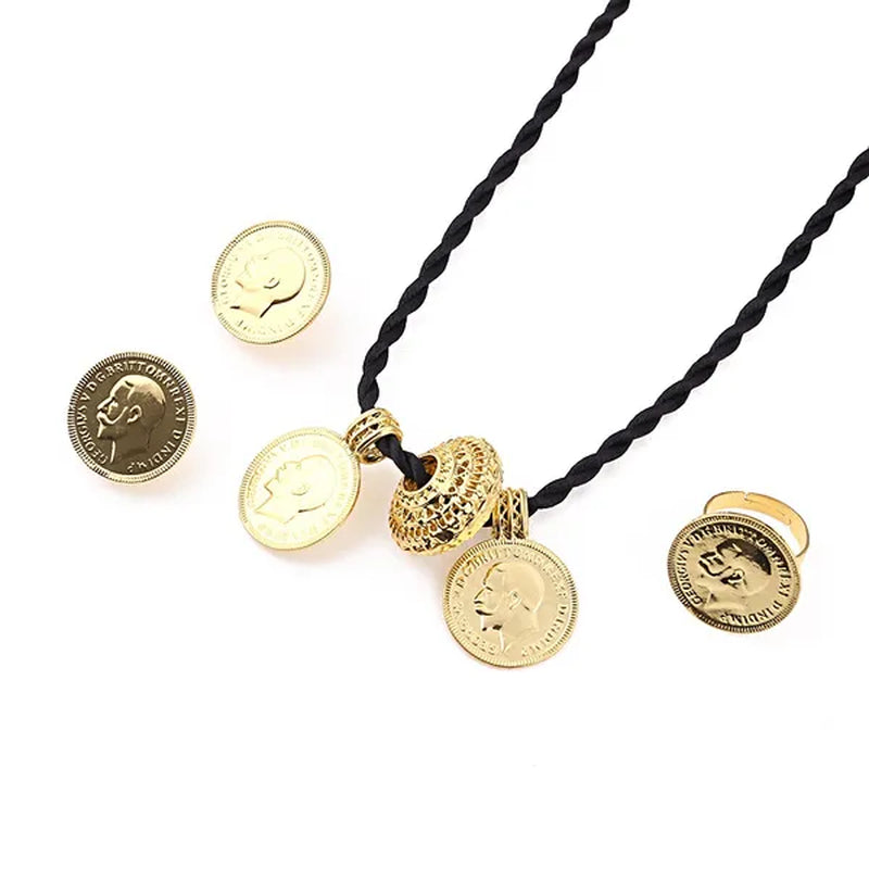 Ethiopian Coin Cross Pendant Necklace Earring Ring Set Jewelry 22K Gold Plated African Wedding Bride Jewelry