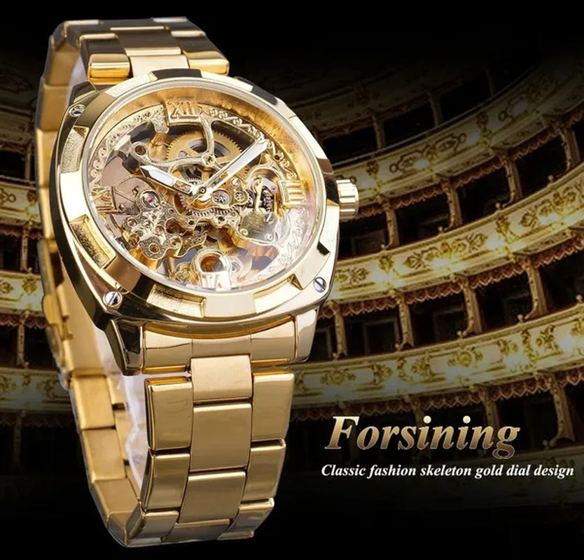 FORSINING New Top Quality Men Luxury Skeleton Automatic Winding Mechanical Watches Gold Stainless Steel Waterproof Wristwatch with Gift Box