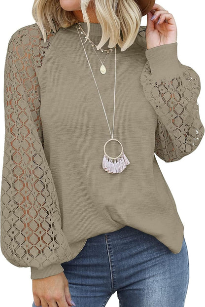 Women’S Long Sleeve Tops Lace Casual Loose Blouses T Shirts