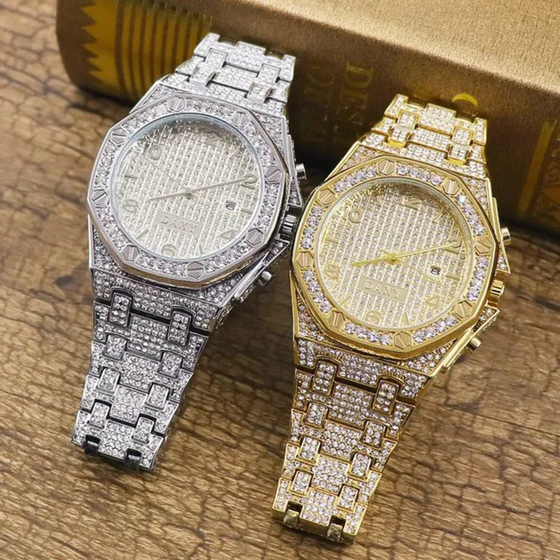 Mens Fashion Watches Luxury Gold Analog Watch Calender Man Hip Hop Bracelet Watch Diamond Quartz Wristwatches