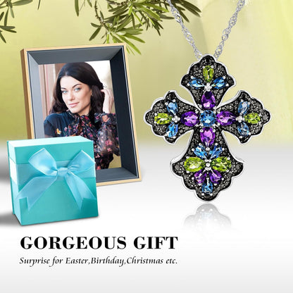 Women'S Stunning Colorful Diamond Cross Pendant Sterling Silver Chain Gemstone Cross Necklaces 18", Various Styles