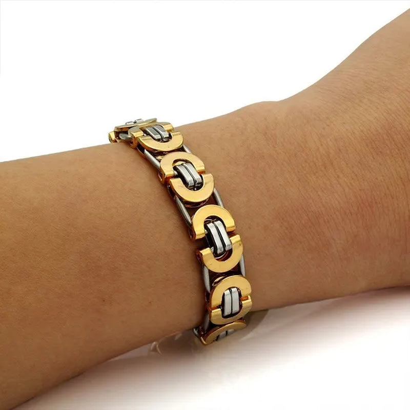 11mm Mens Chain Flat Byzantine Bracelet Gold Silver Tone Stainless Steel Bracelet 7-11 inch