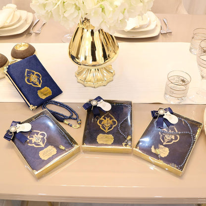 IEF Pack of 5 Personalized Velvet Yaseen Dua Book Prayer Beads Islamic Party Favor Gift, Decorated Navy Blue Pearl Prayer Bead Muslim Gift Set for Ramadan Eid Hajj Umrah Wedding Baby Shower