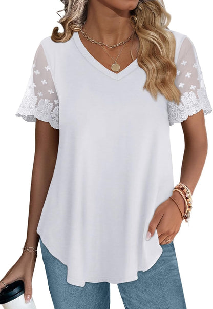 Casual V Neck T Shirts for Women Lace Short Sleeve Curved Hem Tops Loose Fit