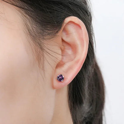 Chic 18K Gold Three-Prong Martini Round Amethyst Stud Earrings Bride Wedding Engagement Jewelry Gifts 6mm/7mm/8mm