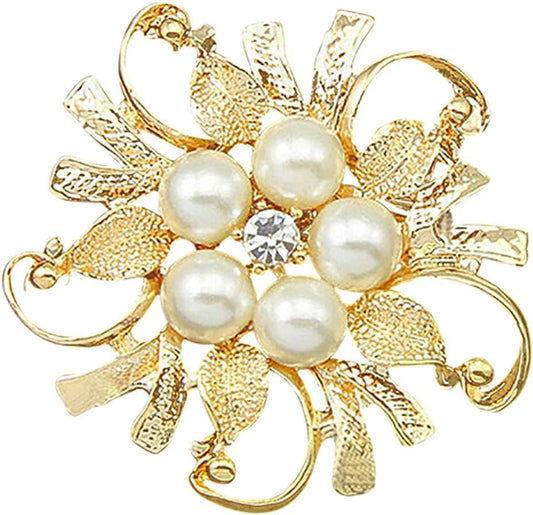 Elegant Princess Brooch Pin, Women Luxury Glossy Faux Pearl Rhinestone Flower Bouquet Brooch Pin, Bridal Wedding Jewelry Gold