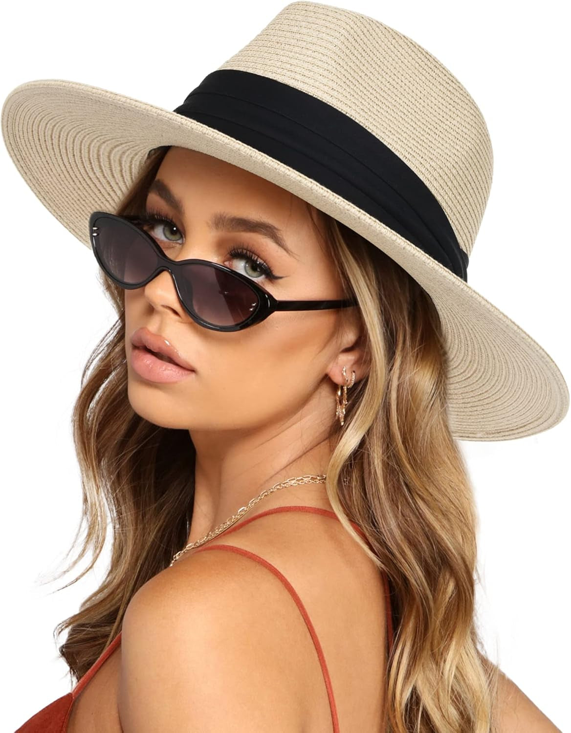 Womens Mens Wide Brim Straw Panama Hat Fedora Summer Beach Sun Hat UPF Straw Hat for Women