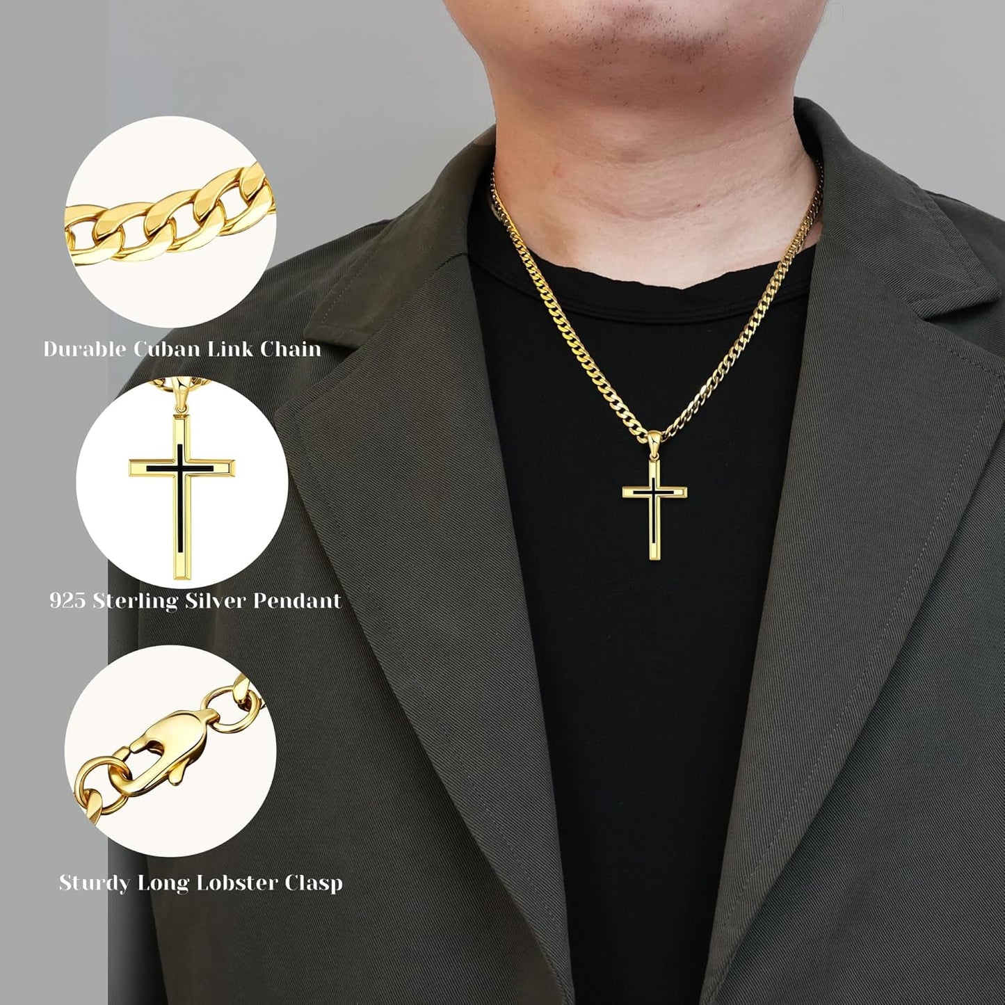 925 Sterling Silver Cross Necklace for Men Women，Black Cross Necklaces with 4.5MM Durable Stainless Steel Cuban Link Curb Chain，18K Gold over Real Silver Cross Pendant Necklace 16-28 Inches