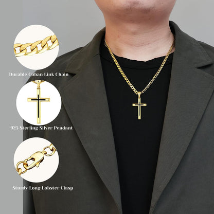 925 Sterling Silver Cross Necklace for Men Women，Black Cross Necklaces with 4.5MM Durable Stainless Steel Cuban Link Curb Chain，18K Gold over Real Silver Cross Pendant Necklace 16-28 Inches