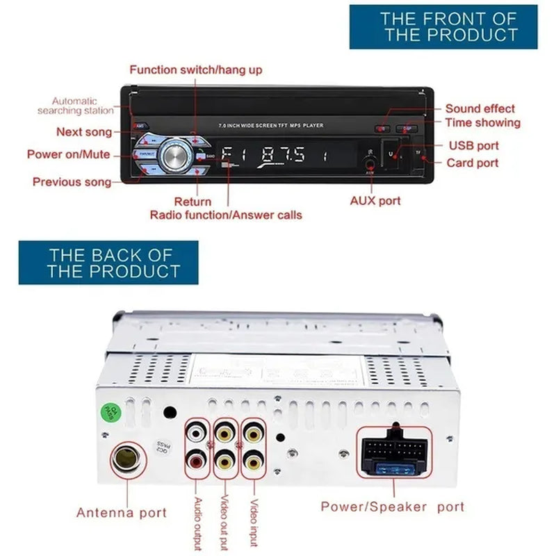 7Inch HD Retractable Touch Screen 1Din Car Stereo Audio Bluetooth Car Radio FM USB Support Mirror Link and Backup Camera(Optional)