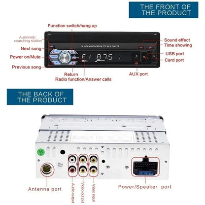 7Inch HD Retractable Touch Screen 1Din Car Stereo Audio Bluetooth Car Radio FM USB Support Mirror Link and Backup Camera(Optional)