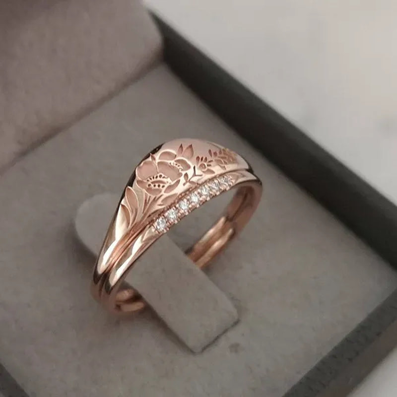 2Pcs/Set Women's Fashion Jewelry Exquisite 925 Sterling Silver Ring Personality Carved Rose Flower Stackable Diamond Wedding Rings Set Beautiful Princess Bride Proposal Engagement Cocktail Party Accessories Anniversary Gift Size US4-12 Bague Femme