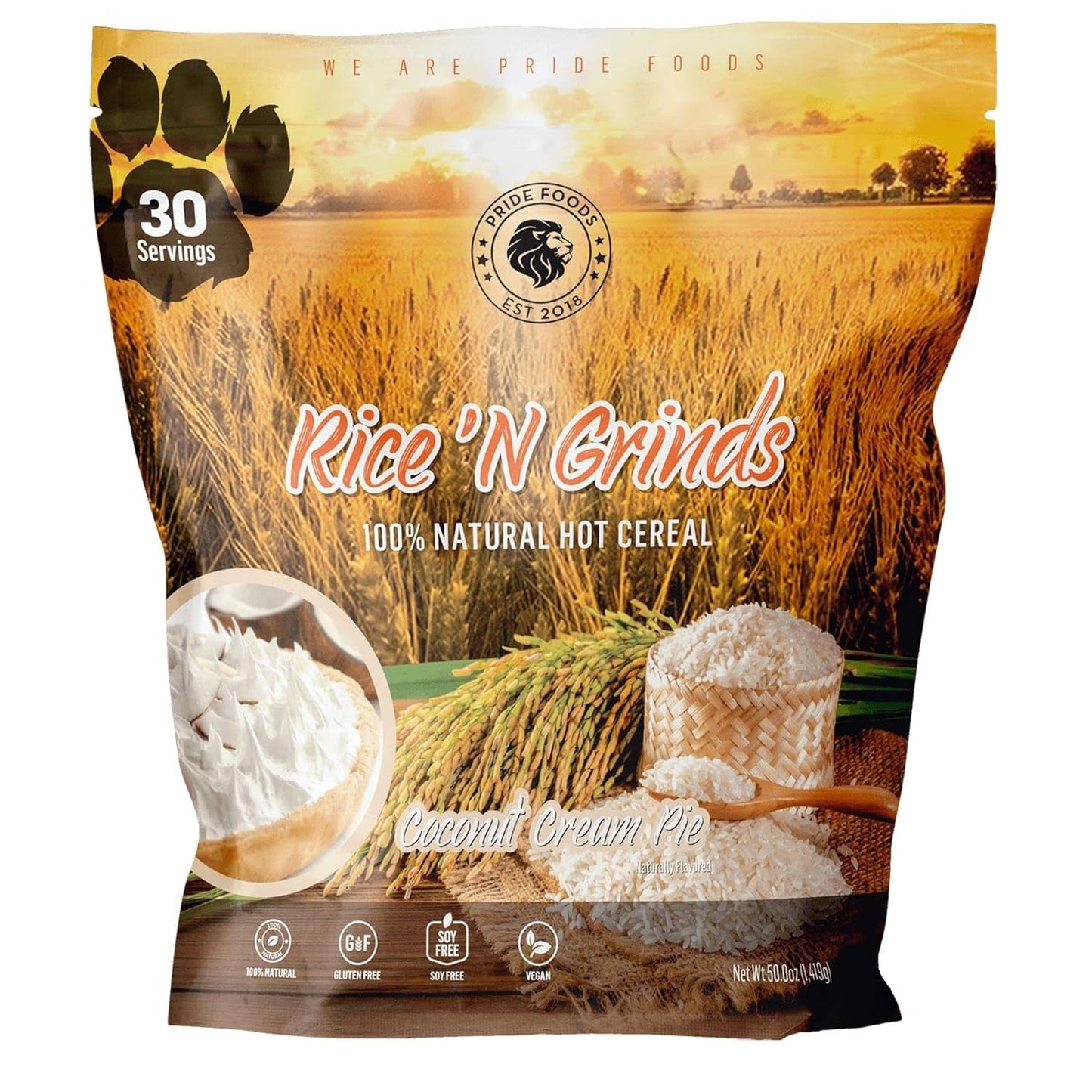 Pride Foods Rice 'N Grinds Hot Cereal - Gluten-Free, Non-Gmo, Vegan-Friendly, Natural Rice Breakfast, Quick & Easy Hot Meal, Low-Fat Comfort Food, 30 Servings, Coconut Cream Pie