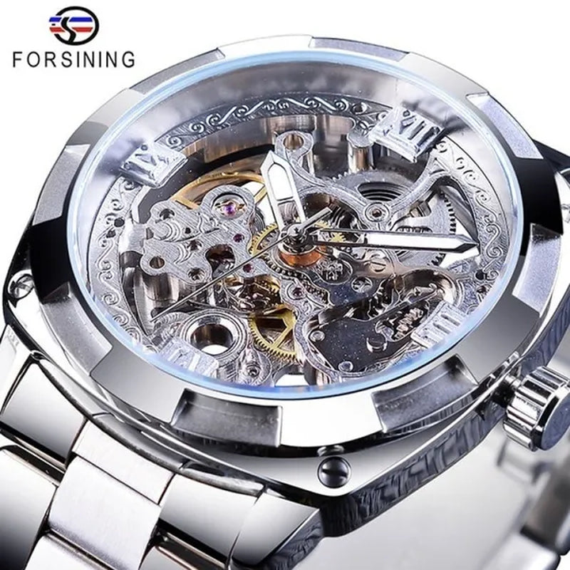 FORSINING New Top Quality Men Luxury Skeleton Automatic Winding Mechanical Watches Gold Stainless Steel Waterproof Wristwatch with Gift Box