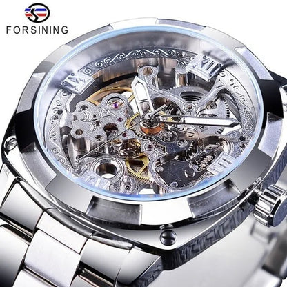 FORSINING New Top Quality Men Luxury Skeleton Automatic Winding Mechanical Watches Gold Stainless Steel Waterproof Wristwatch with Gift Box