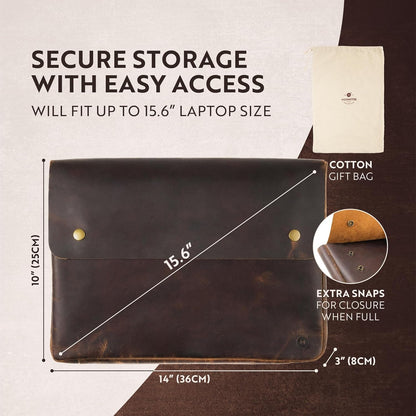 Leather Folder, Full Grain Leather File Folder Organizer Document Holder, Leather Portfolio for Men –Spacious Leather Folio Laptop Sleeve Case - Fits 13" 14" 15” Laptops, Macbook and Tablets