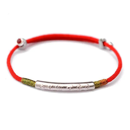 Tibetan Buddhism 999 Sterling Silver Six Words Mantra Charm Bracelet Lucky Red Wax String Handmade Amulet Jewelry