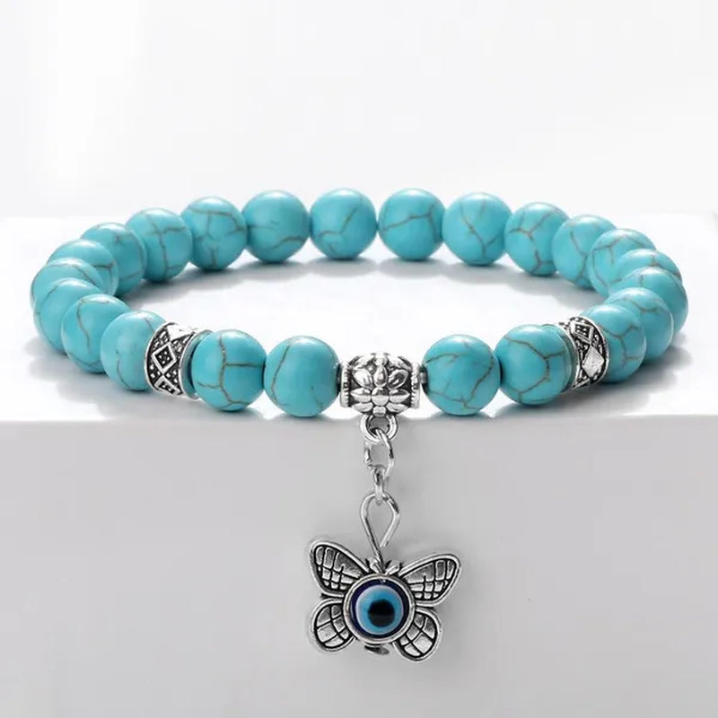 Turkey Evil Eye Beaded Bracelets Butterfly Buddhist Palm Hand Owl Turtle Alloy Pendant Bracelet Women Men Lucky Stretch Bangles Jewelry