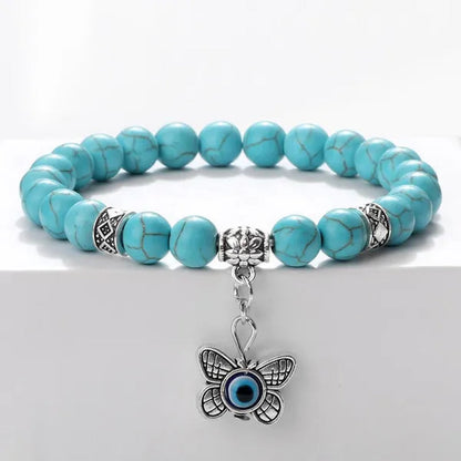 Turkey Evil Eye Beaded Bracelets Butterfly Buddhist Palm Hand Owl Turtle Alloy Pendant Bracelet Women Men Lucky Stretch Bangles Jewelry