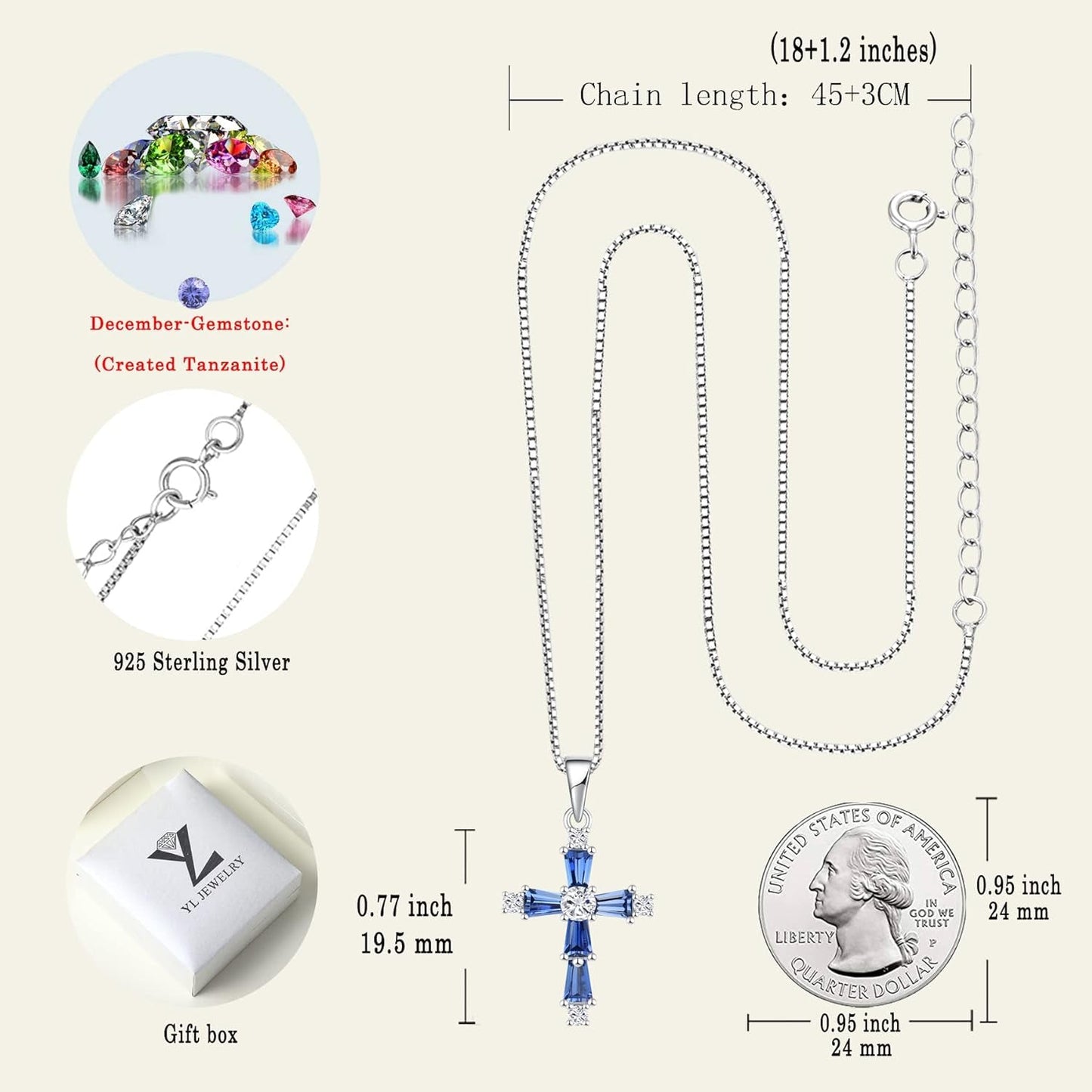 Women'S Cross Necklace Sterling Silver Criss Pendant Gemstones Christian Baptism Jewelry for Gift