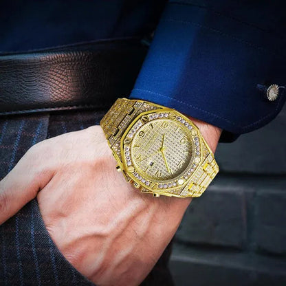 Mens Fashion Watches Luxury Gold Analog Watch Calender Man Hip Hop Bracelet Watch Diamond Quartz Wristwatches