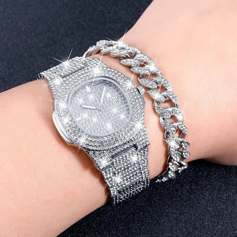 3 Colors 13MM Iced Out Chain Hip Hop Watch Necklace Bracelet Bling Miami Cuban Link Chain Mens Jewelry Set Relojes Hombre