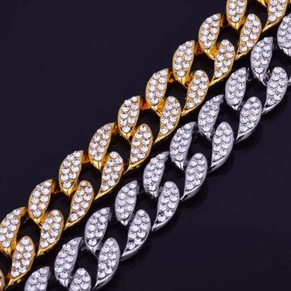 2 Pcs/set Luxury Full Iced Out Watch Mens Cuban Link Chain Bracelet Watch Bling Jewelry for Men Big Gold Chains Hip Hop Men Watch Set