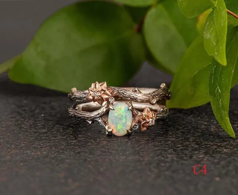Vintage Maple Leaves & Flower Ring Set Antique Silver Women'S Fashion Twig Leaf Opal & Moonstone Ring Anniversary Gift Engagement Bridal Wedding Jewelry Rings Size 5-10