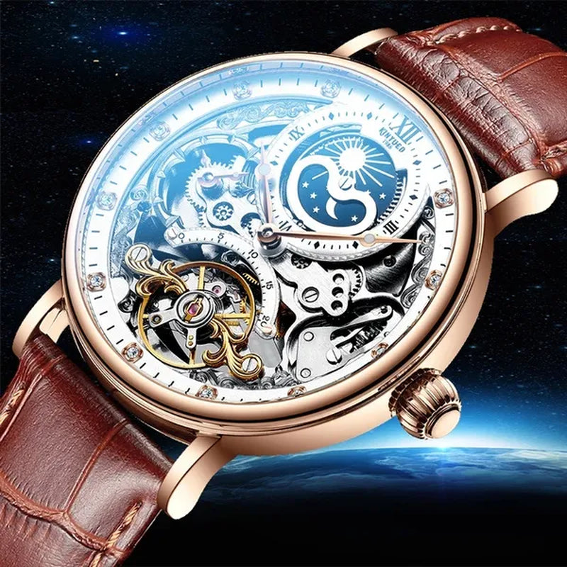 KINYUED Mechanical Automatic Watch Men Tourbillon Wristwatch Sports Clock Mechanism Self Winding Watches Casual Moon Horloge Man Watches