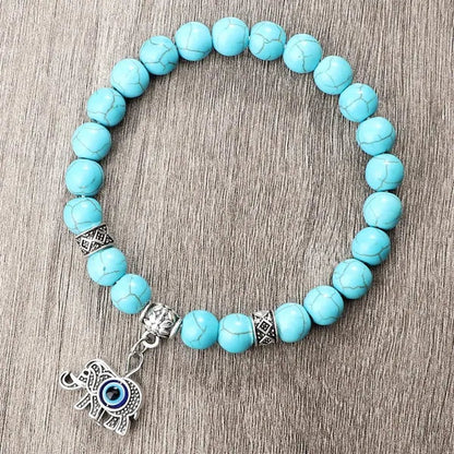 Turkey Evil Eye Beaded Bracelets Butterfly Buddhist Palm Hand Owl Turtle Alloy Pendant Bracelet Women Men Lucky Stretch Bangles Jewelry