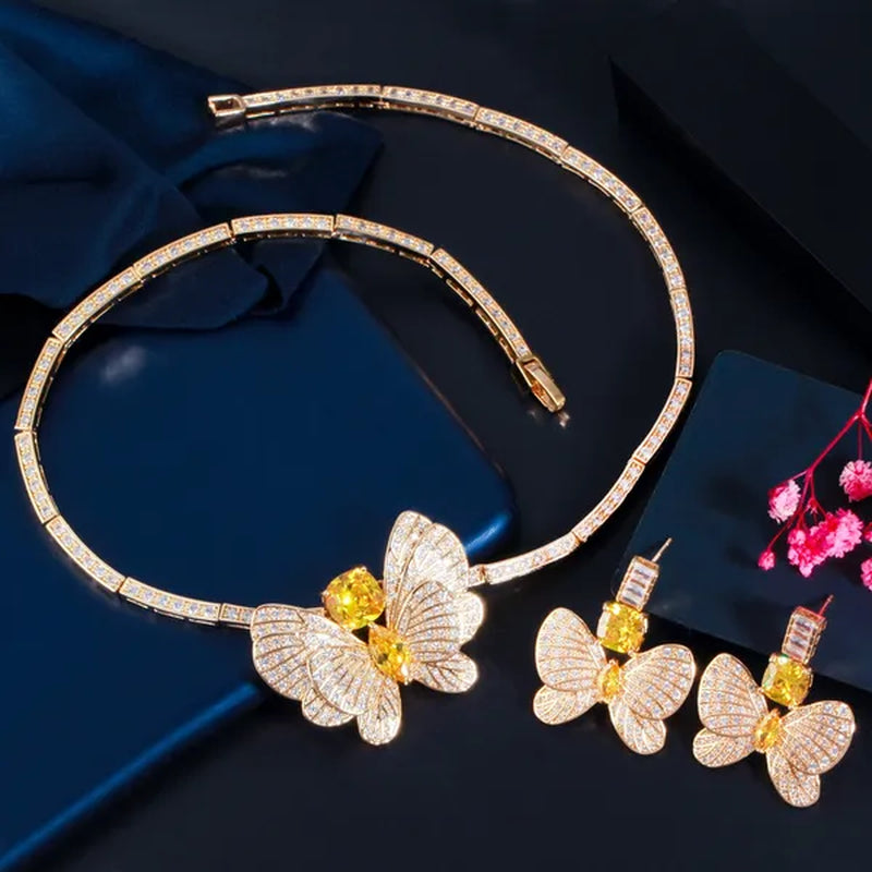CANDICE Statement Citrine Butterfly Design Pendant Earrings Choker Necklace Micro CZ Temperament Luxury Jewelry Set Dress Accessories