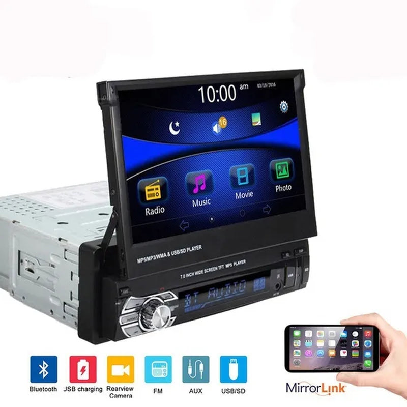7Inch HD Retractable Touch Screen 1Din Car Stereo Audio Bluetooth Car Radio FM USB Support Mirror Link and Backup Camera(Optional)