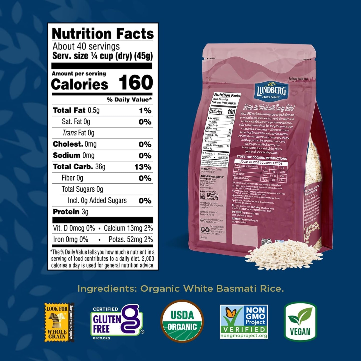 Basmati Rice, Organic Long Grain White Rice - Non-Sticky, Fluffy, Nutty, Aromatic Rice, Vegan Food, Healthy Meals, Gluten-Free Rice Grown in California, 64 Oz