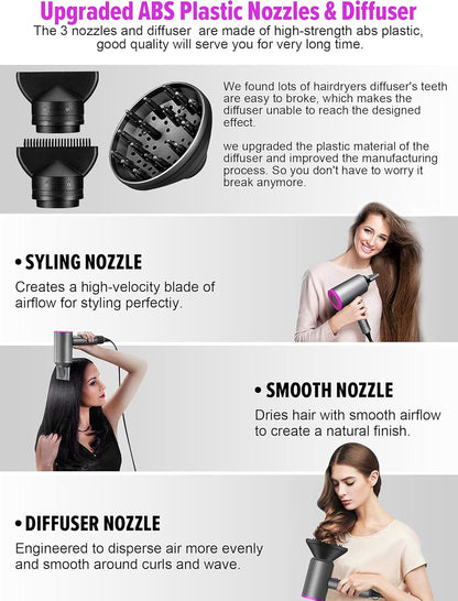 Ionic Hair Dryer, Professional Hair Blow Dryer Hot/Cold Air, 1800W Powerful AC Motor, Negative Ion Hairdryer Fast Drying, 2 Speed/3 Heating with 2 Nozzles&1 Diffuser, for Women Men Kids Salon Travel