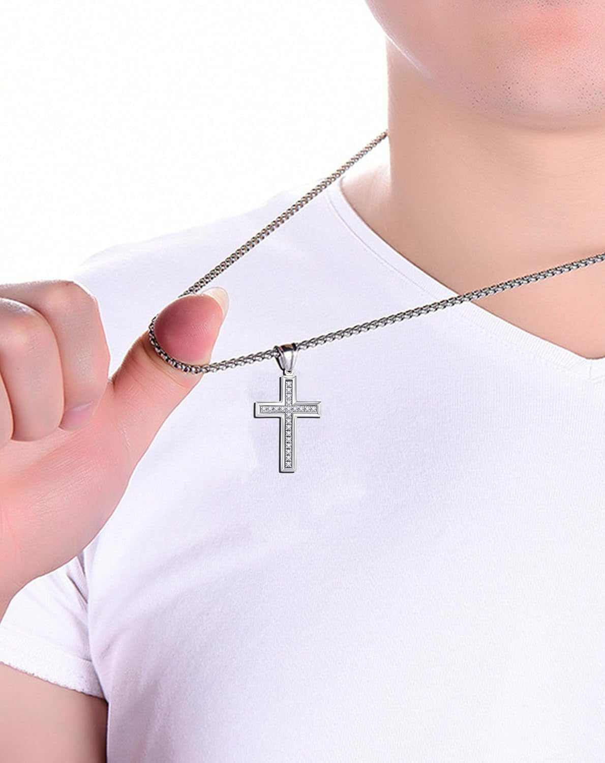 Cross Necklace for Men Stainless Steel Crucifix Pendant Silver White Gold Yellow Black Jesus Christ Plain Simple Women Fine Jewelry Gifts, 24 Inches Rolo Chain, Zirconia, Polished, Rope