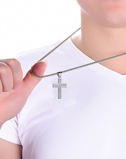 Cross Necklace for Men Stainless Steel Crucifix Pendant Silver White Gold Yellow Black Jesus Christ Plain Simple Women Fine Jewelry Gifts, 24 Inches Rolo Chain, Zirconia, Polished, Rope