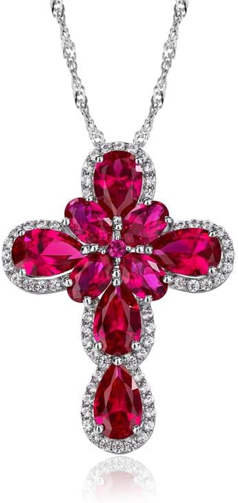 Womens Gemstone Cross Pendant Necklace 925 Sterling Silver Created Ruby Peridot Religious Christian Jesus Jewelry Water Wave Chain 18+2 Inches