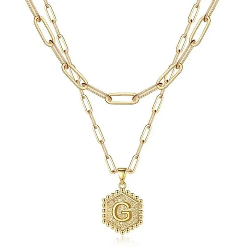Dainty Layered Initial Necklaces for Women, 14K Gold Plated Paperclip Chain Necklace Simple Cute Hexagon Letter Pendant Initial Choker Necklace Gold Layered Necklaces for Women