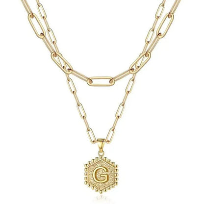 Dainty Layered Initial Necklaces for Women, 14K Gold Plated Paperclip Chain Necklace Simple Cute Hexagon Letter Pendant Initial Choker Necklace Gold Layered Necklaces for Women