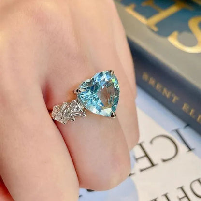Exquisite Silver-Plated Natural Sapphire Ring Luxury Fashion Square Diamond Embellished Heart Shaped Gemstone Ring Wedding Anniversary Romantic Anniversary Gift Handmade Jewelry Index Finger Ring