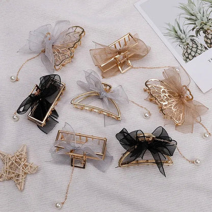 Bow Ribbon Pearl Pendant Tassel Hair Claw Hair Accessories Headdress Metal Grab Clip Hair Clip Shark Clip