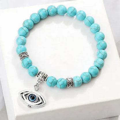 Turkey Evil Eye Beaded Bracelets Butterfly Buddhist Palm Hand Owl Turtle Alloy Pendant Bracelet Women Men Lucky Stretch Bangles Jewelry