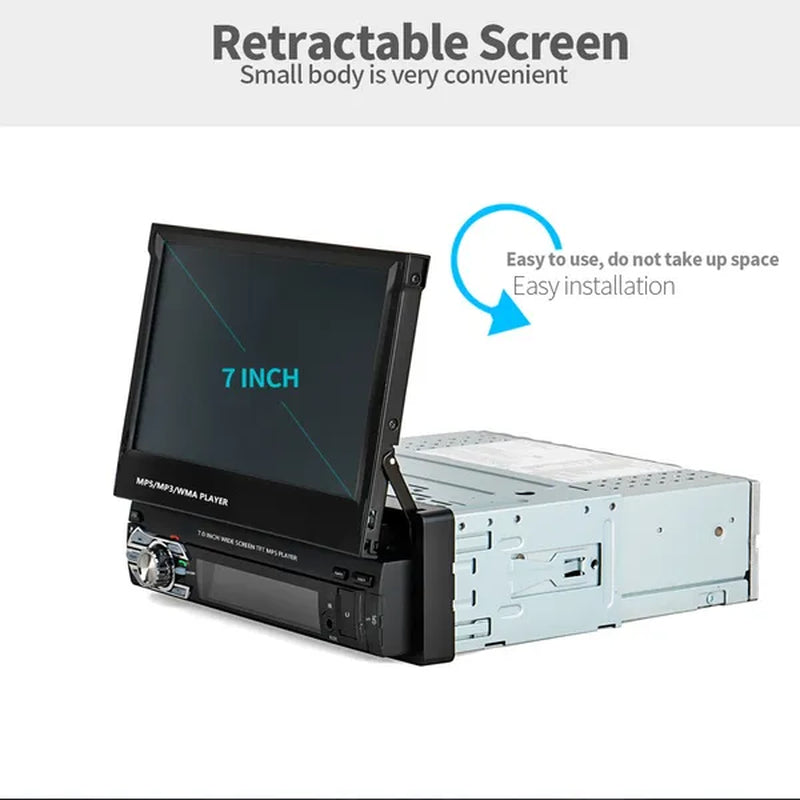 1DIN 7" HD Retractable Touch Screen Car Stereo Audio Bluetooth Car Radio Support Bluetooth/Usb/Aux/Fm/Am Mirrorlink+ SWC+ Rearview Camera (Optional)