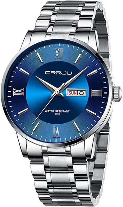 CRRJU Men's Minimalist Leisure Luxury Automatic Dating Watch Fashion Business Japanese Movement Quartz Waterproof Watch Men's Silver Stainless Steel Watch Band