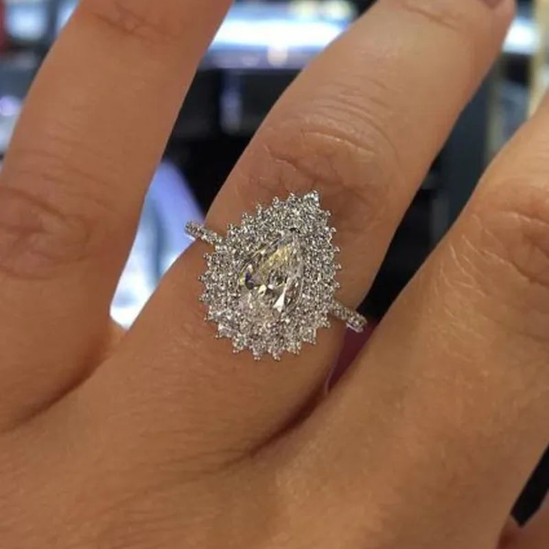 Trendy Wedding Pear Rings 925 Sterling Silver Micro Pave Diamond Teardrop White Sapphire Rings for Women Jewelry